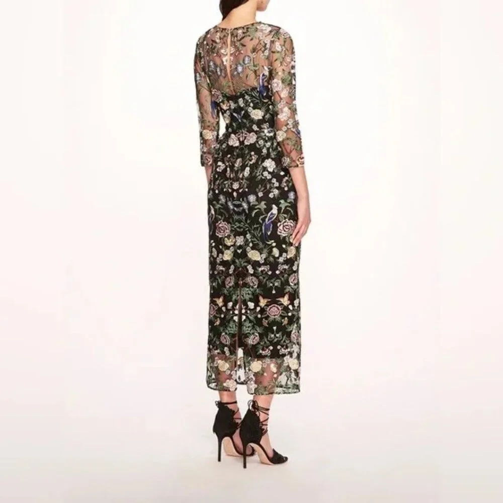 NWT Marchesa Notte Floral Embroidered On Tulle Midi Dress Size 10 - Picture 2 of 8